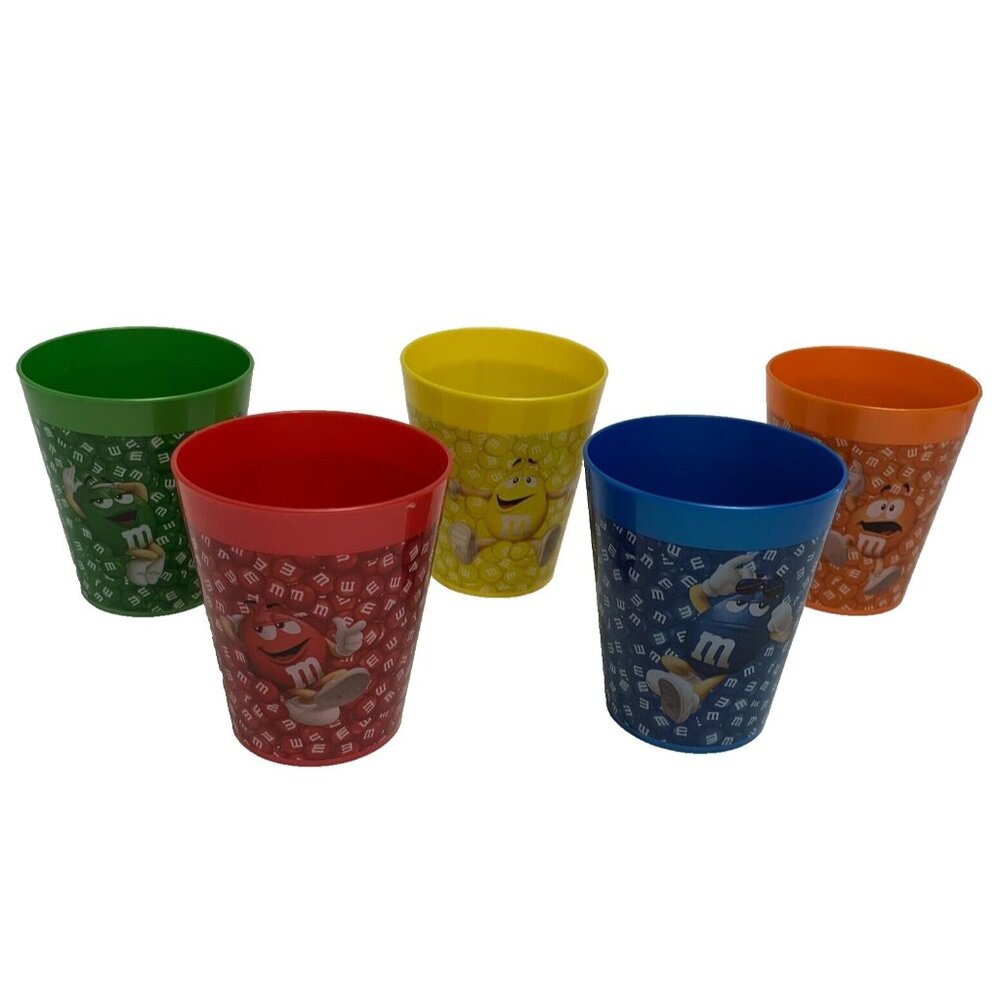 Vtg Collectible Cup Set 5 M&M Drink Glass Plastic Candy Snack Chocolate Kid 3.5"